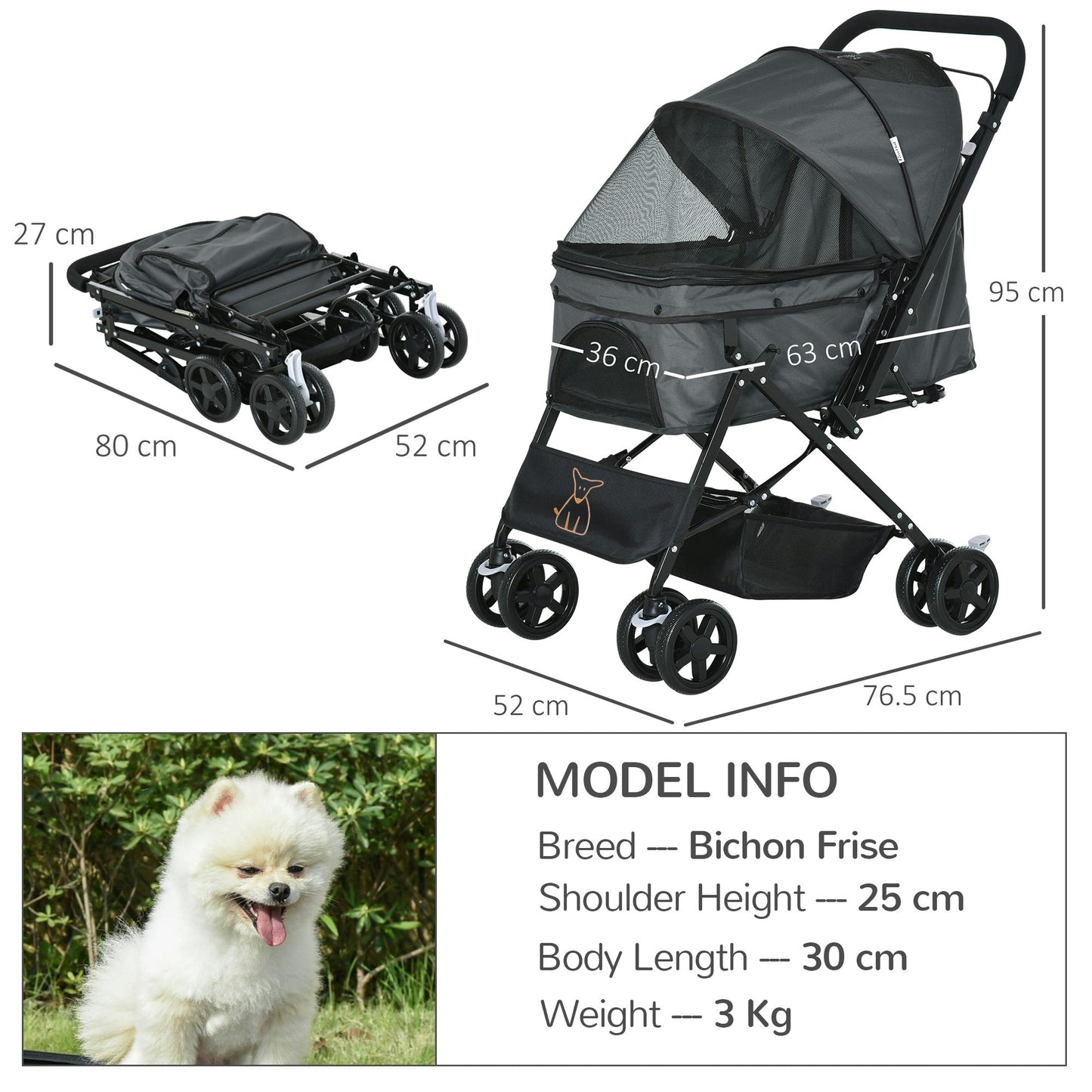 Compact Pet Stroller for Dogs – Foldable Travel Cart with Handle, Grey