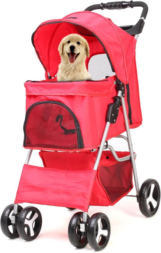 Foldable Pet Stroller with Rain Cover – Pram for Small & Medium Dogs and Cats, with Basket & Cup Holder (Red)