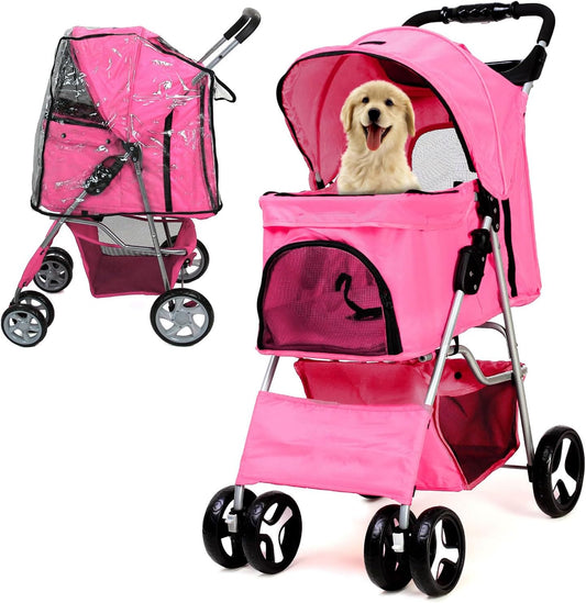 Foldable Pet Stroller with Rain Cover – Pram for Small & Medium Dogs and Cats, with Basket & Cup Holder (Pink)