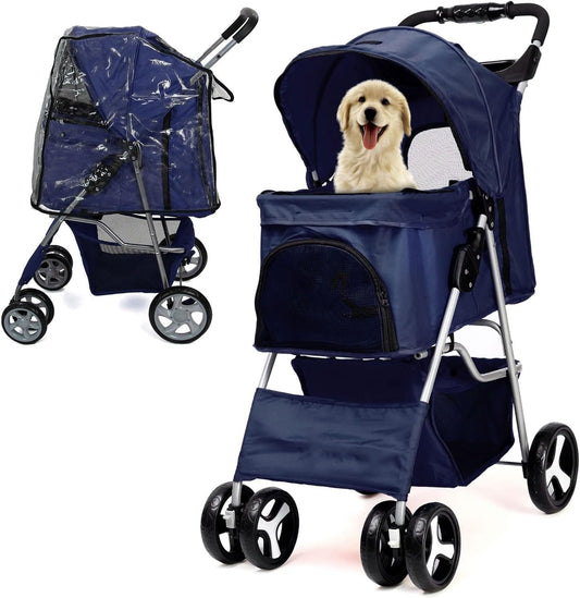 Foldable Pet Stroller with Rain Cover – Pram for Small & Medium Dogs and Cats, with Basket & Cup Holder (Navy)