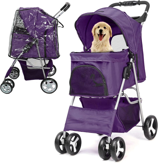 Foldable Pet Stroller with Rain Cover – Pram for Small & Medium Dogs and Cats, with Basket & Cup Holder (Purple
