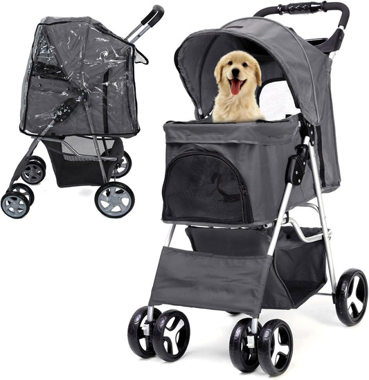 Foldable Pet Stroller with Rain Cover – Pram for Small & Medium Dogs and Cats, with Basket & Cup Holder (Grey)