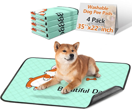 4-Pack Washable Dog Pee Pads (35x22in) – Reusable, Absorbent & Leak-Resistant with Non-Slip Base – Blue